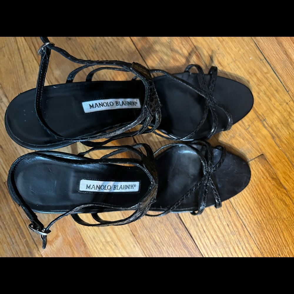 Manolo Blahnik Black Snakeskin Leather Strappy Sandals Heels sz 7.5-8.5 - Picture 2 of 12